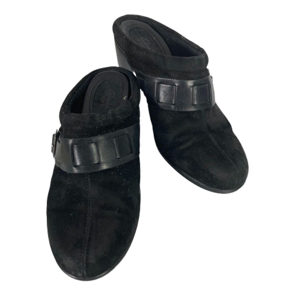 Clarks Bendables Mule Clogs Black Suede Buckle Block Heel 9M